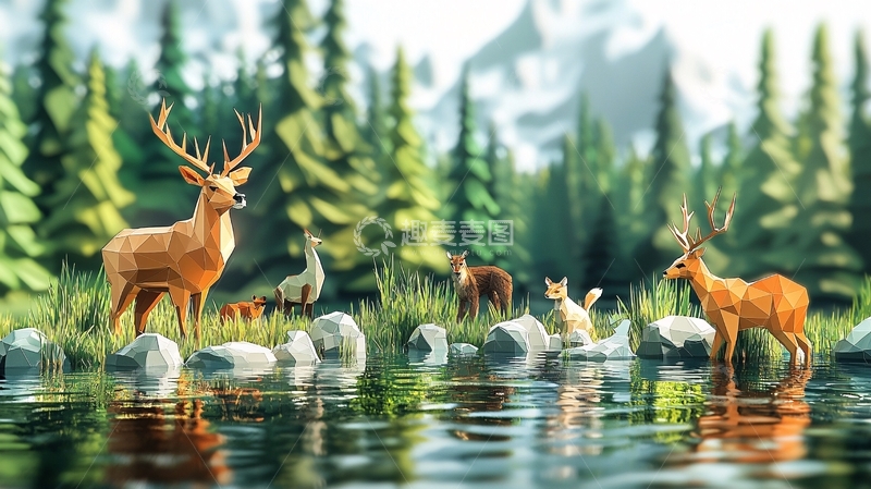 高清大图下载【趣麦麦图】低多边形森林动物场景