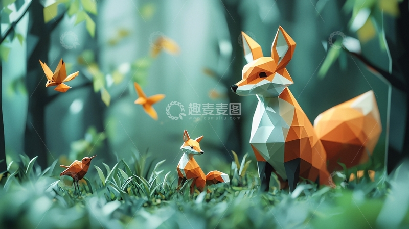高清大图下载【趣麦麦图】低多边形狐狸森林