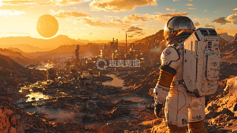 高清大图下载【趣麦麦图】宇航员眺望未来废土城市