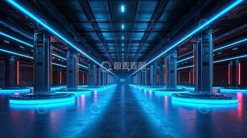 高清大图下载【趣麦麦图】科幻感未来感蓝色灯光走廊