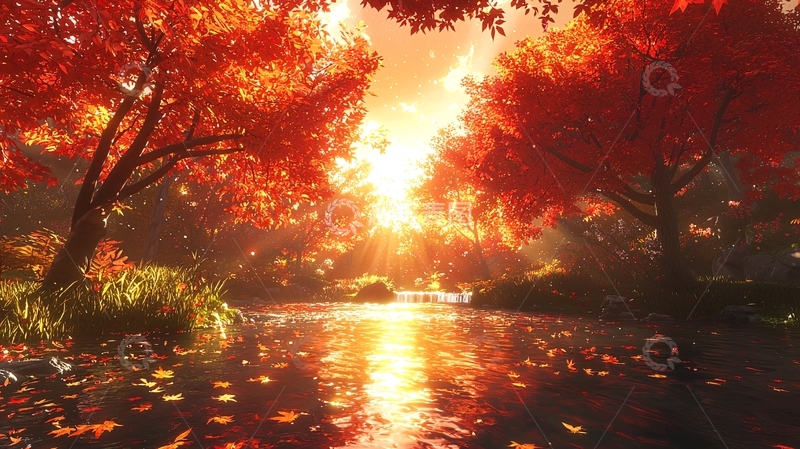 高清大图下载【趣麦麦图】秋日暖阳下的枫叶小溪