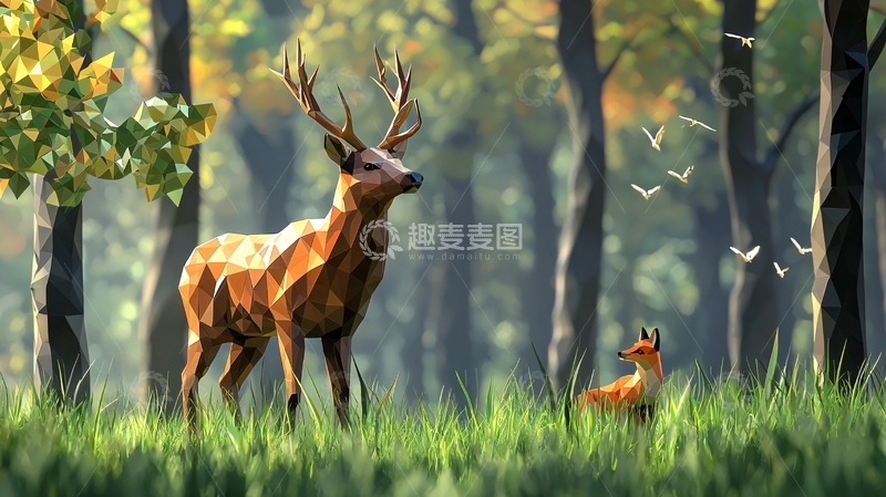 高清大图下载【趣麦麦图】森林里雄鹿和幼鹿
