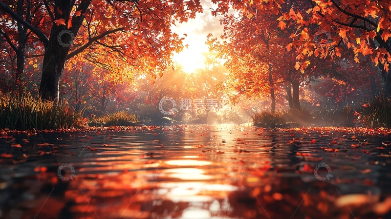高清大图下载【趣麦麦图】秋日红叶倒映水面