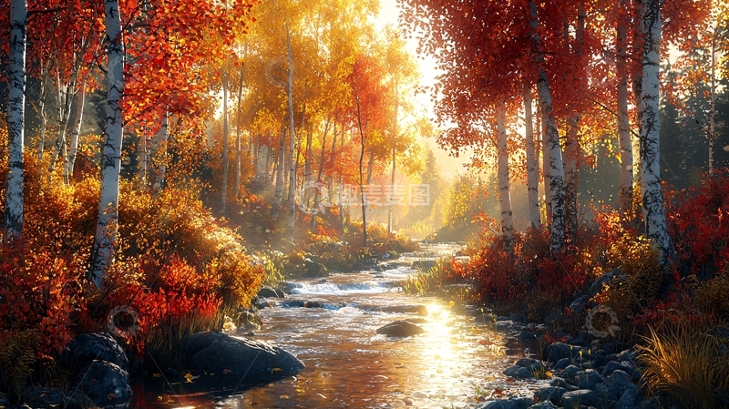 高清大图下载【趣麦麦图】秋日森林溪流景色