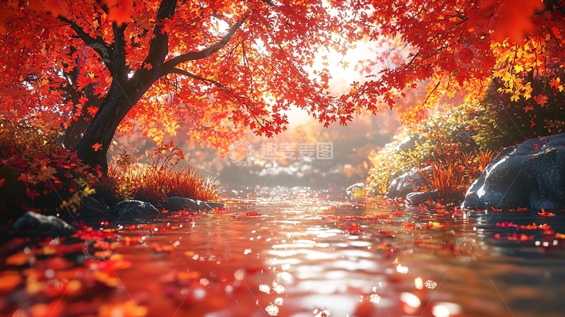 高清大图下载【趣麦麦图】秋日红叶溪流