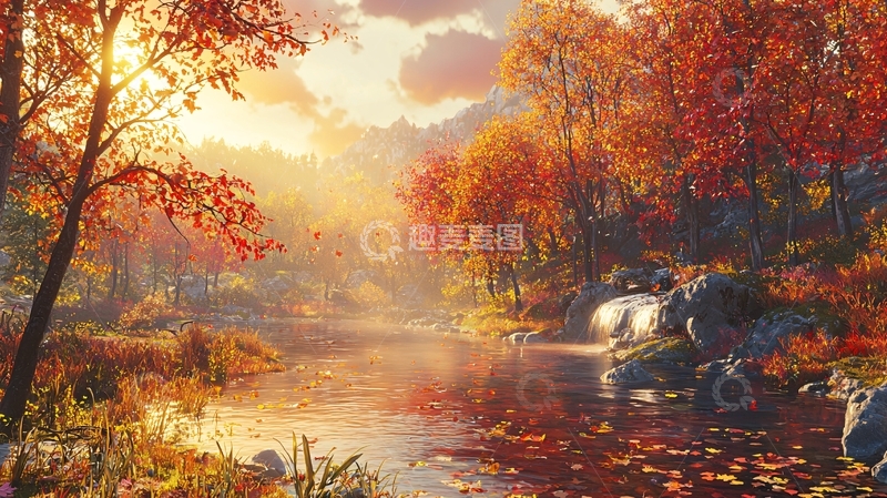 高清大图下载【趣麦麦图】秋日森林溪流风景