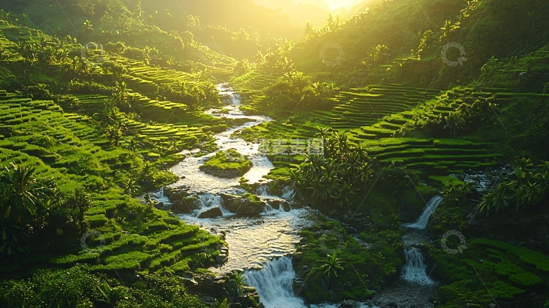 高清大图下载【趣麦麦图】阳光洒在绿色梯田上的溪流