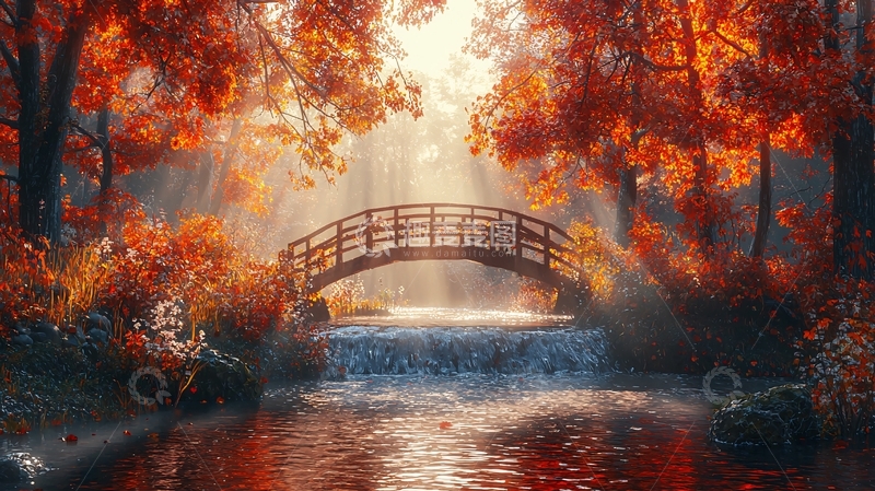 高清大图下载【趣麦麦图】秋日森林小桥流水