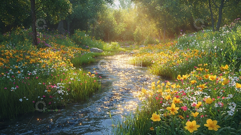 高清大图下载【趣麦麦图】阳光洒在溪流上的野花