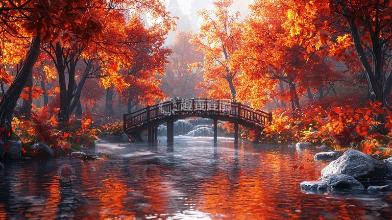 高清大图下载【趣麦麦图】秋日枫叶桥流水景