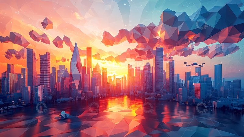高清大图下载【趣麦麦图】低多边形城市日落