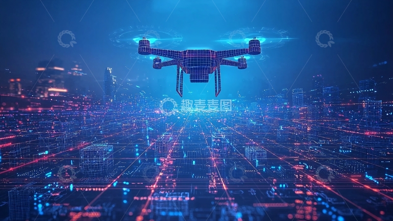 高清大图下载【趣麦麦图】蓝色赛博城市上空的无人机