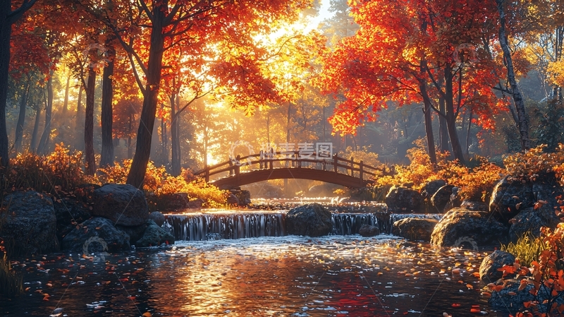 高清大图下载【趣麦麦图】秋日森林小桥流水