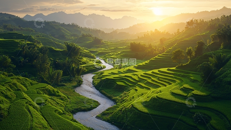 高清大图下载【趣麦麦图】日出山谷河流梯田景色