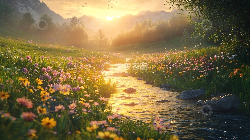 高清大图下载【趣麦麦图】清晨山谷溪流花海