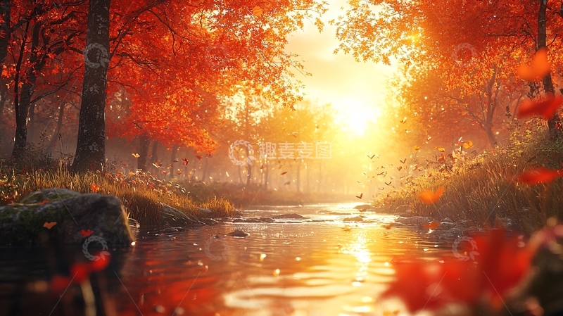 高清大图下载【趣麦麦图】秋日暖阳下的红叶溪流