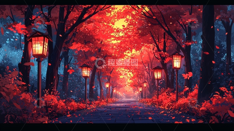 高清大图下载【趣麦麦图】红叶小路灯火通明