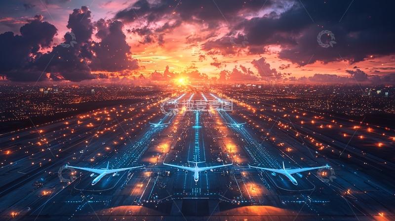 高清大图下载【趣麦麦图】日落城市飞机跑道