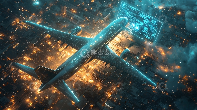 高清大图下载【趣麦麦图】夜空中飞行的飞机俯瞰图