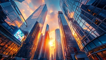 朝阳下高耸的摩天大楼