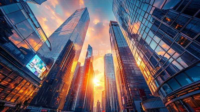 高清大图下载【趣麦麦图】朝阳下高耸的摩天大楼