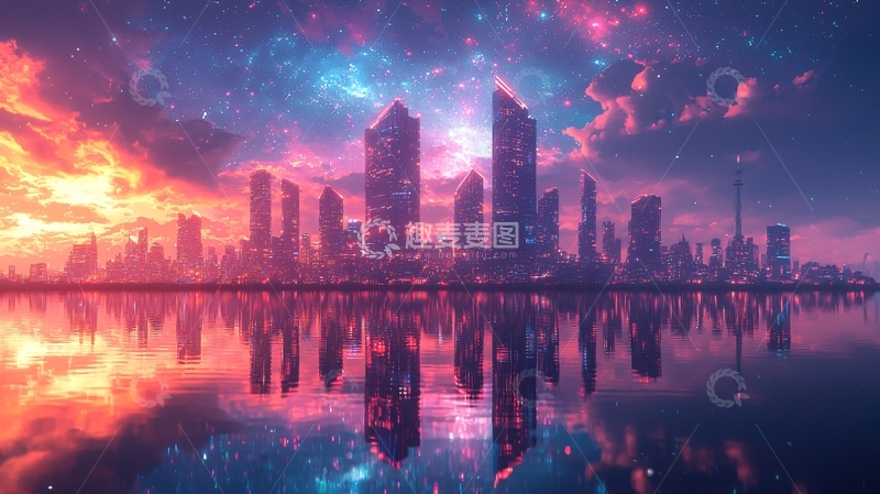 高清大图下载【趣麦麦图】未来城市夜景倒影