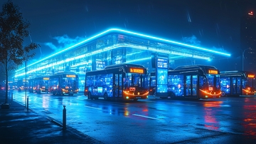 夜晚霓虹灯下的公交车站