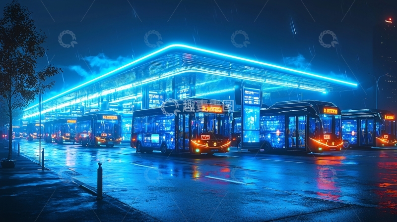 高清大图下载【趣麦麦图】夜晚霓虹灯下的公交车站