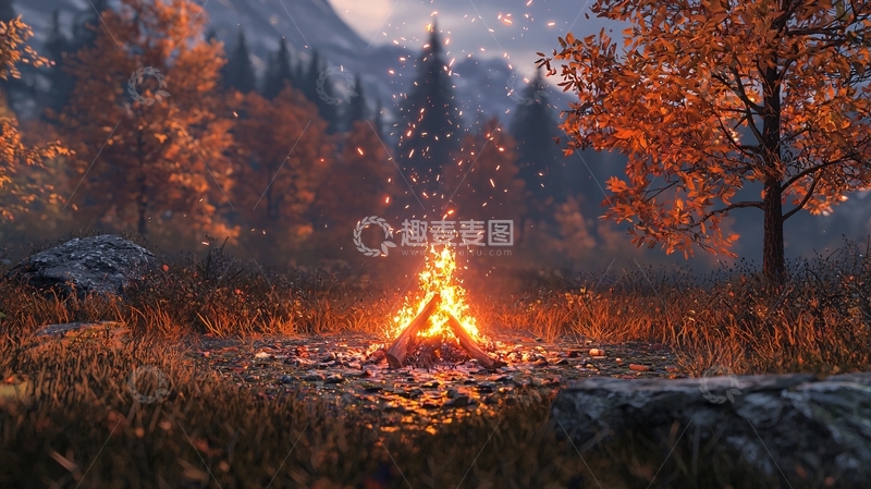 高清大图下载【趣麦麦图】篝火旁的秋日森林