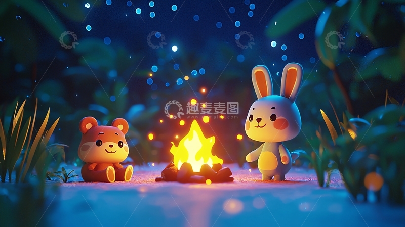 高清大图下载【趣麦麦图】冬夜篝火旁的小熊和兔子