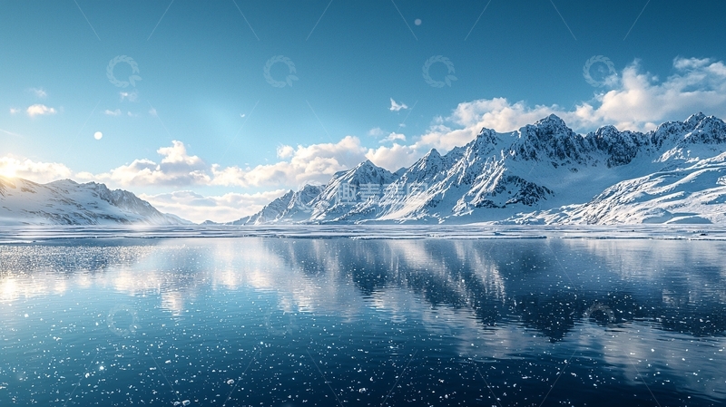 高清大图下载【趣麦麦图】冰雪覆盖的山脉与平静湖面