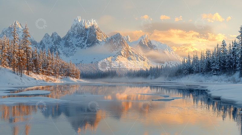 高清大图下载【趣麦麦图】雪山日出湖泊倒影