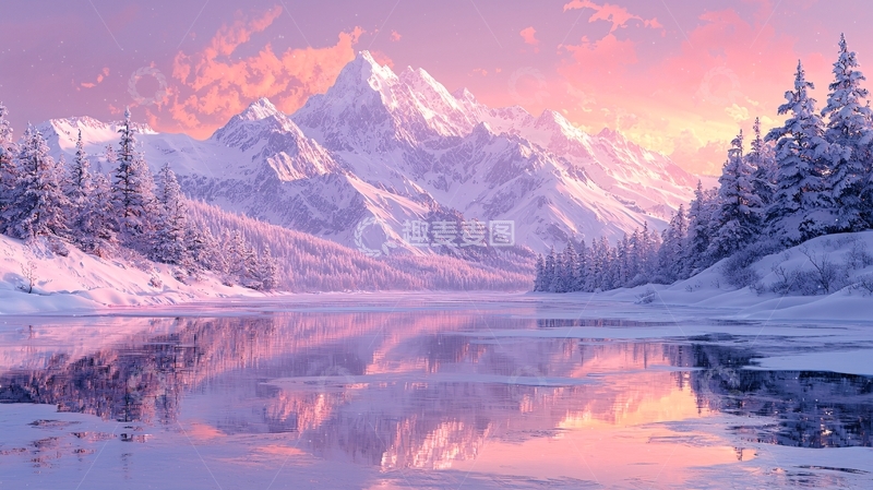 高清大图下载【趣麦麦图】雪山湖泊日出景色