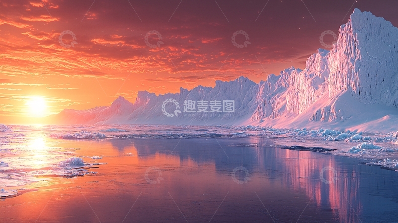 高清大图下载【趣麦麦图】极地冰川日落美景