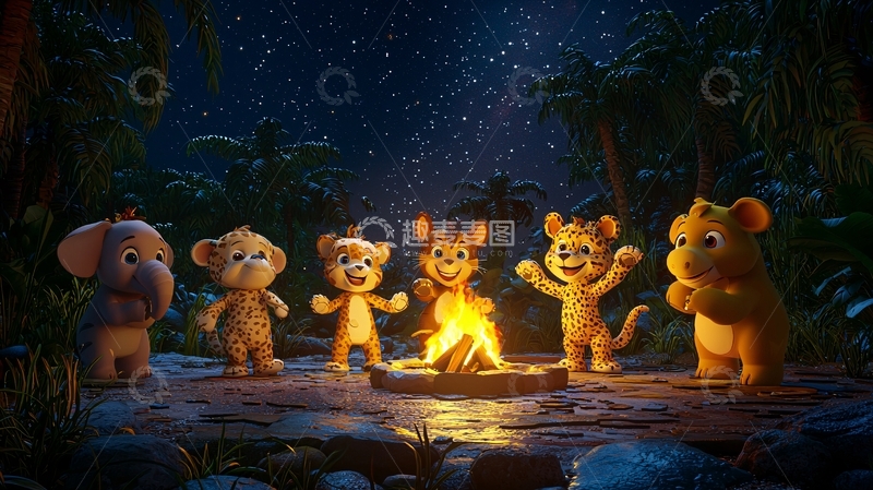 高清大图下载【趣麦麦图】动画小动物篝火晚会