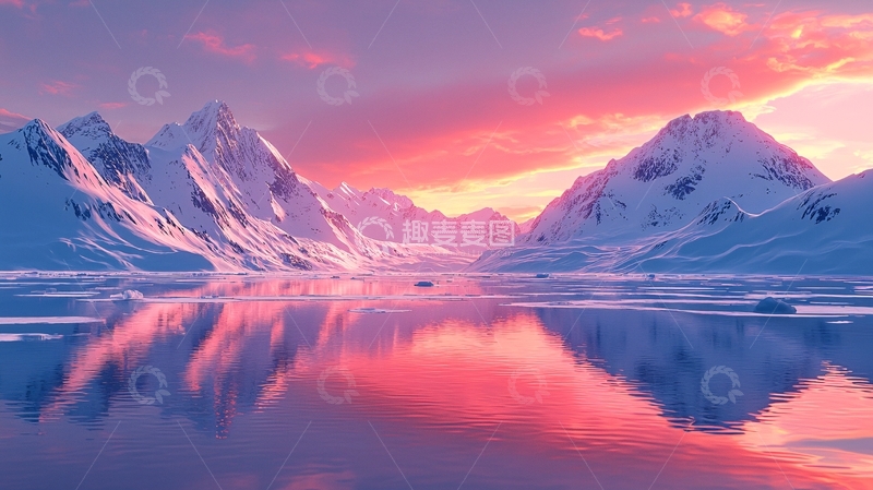 高清大图下载【趣麦麦图】雪山湖泊粉色天空