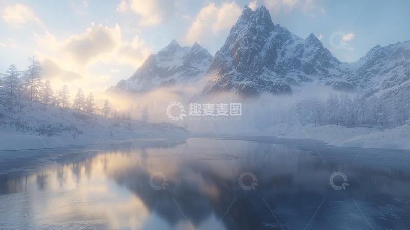 高清大图下载【趣麦麦图】雪山湖泊日出景色