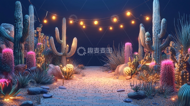 高清大图下载【趣麦麦图】夜晚仙人掌灯串场景