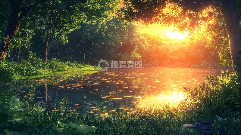 高清大图下载【趣麦麦图】森林日落湖泊