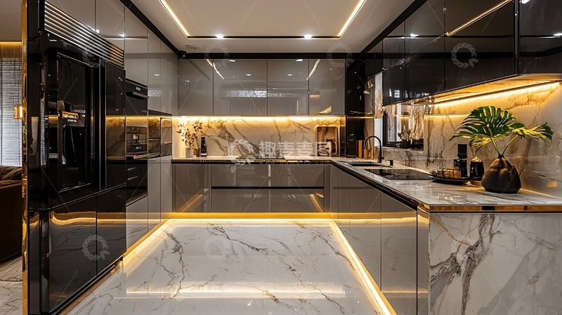 高清大图下载【趣麦麦图】现代极简黑色金色大理石厨房