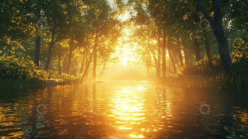 高清大图下载【趣麦麦图】清晨阳光森林河流