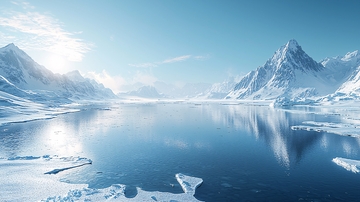 冰雪覆盖的山脉与平静湖泊