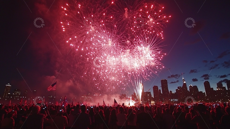 高清大图下载【趣麦麦图】夜空中绽放的红色烟花
