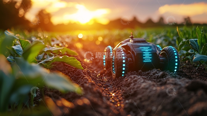 高清大图下载【趣麦麦图】-田野里日落时分的农业机器人