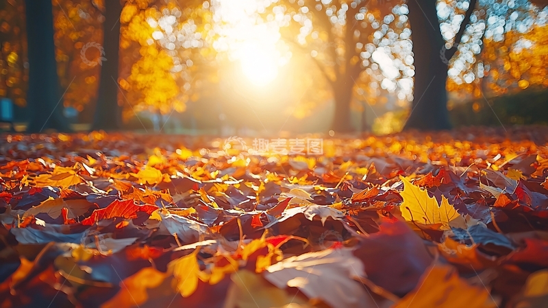 高清大图下载【趣麦麦图】秋日落叶地面阳光