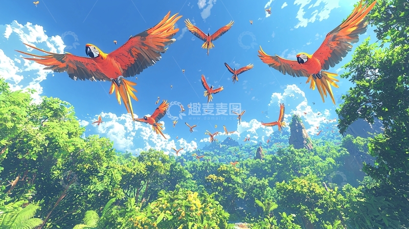 高清大图下载【趣麦麦图】热带雨林中飞翔的鹦鹉