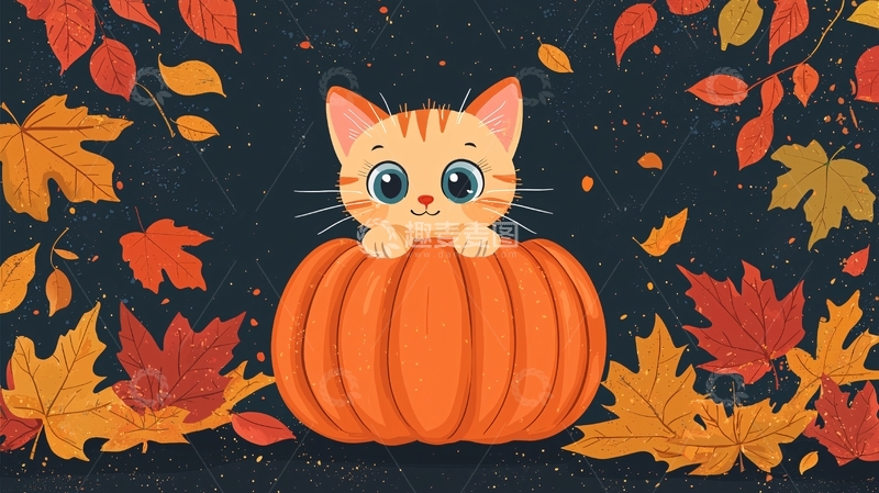 高清大图下载【趣麦麦图】小猫南瓜秋叶背景图