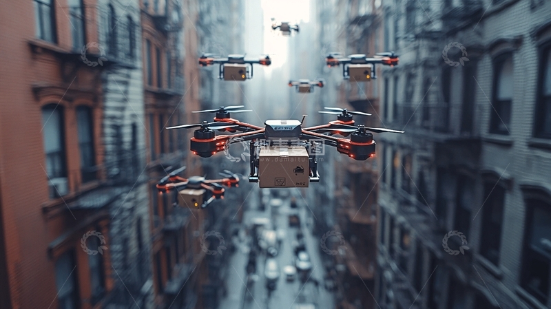 高清大图下载【趣麦麦图】城市上空无人机送货