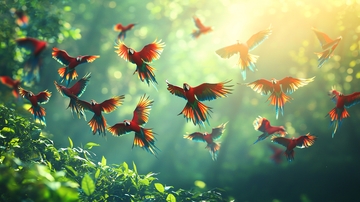 阳光森林中飞翔的鹦鹉