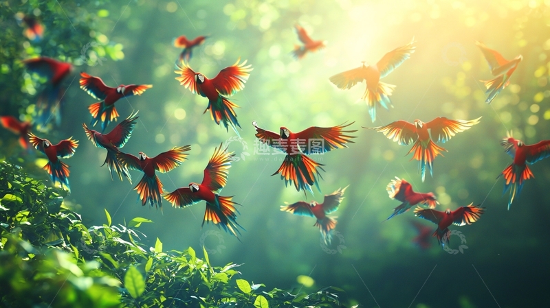 高清大图下载【趣麦麦图】阳光森林中飞翔的鹦鹉